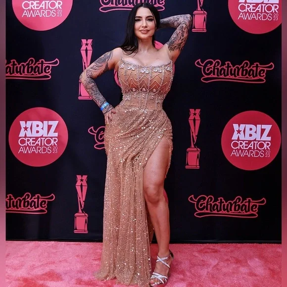 High End Gorgeous Crystal Champagne Side Slit Dress - Picture 5 of 7